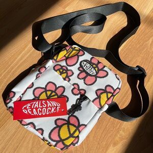 Petals and Peacocks Peace Sign Flower White Canvas Crossbody Bag New With Tags